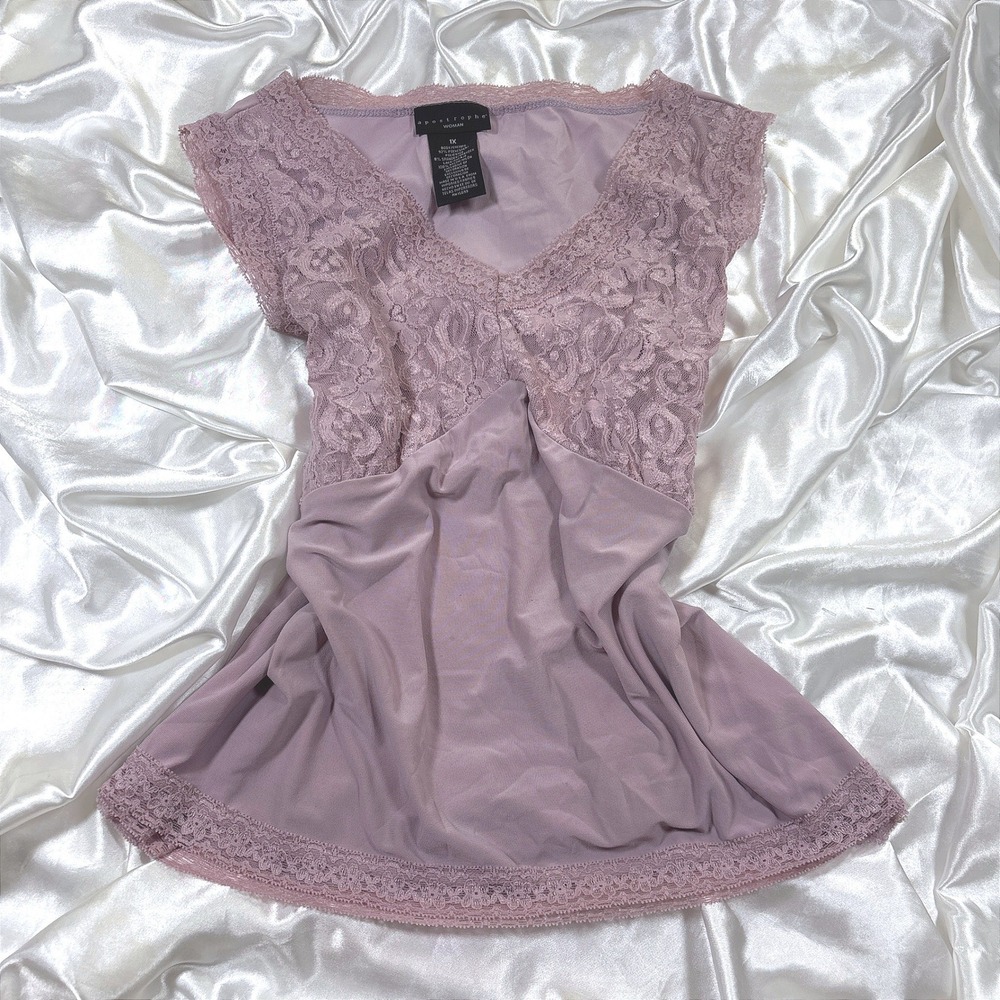 y2k Apostrophe Woman Top Mauve Excellent Lace V-Neck Cap Sleeve Plus Size 1X